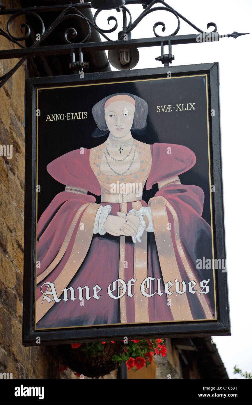 Sign on the outside of the Anne of Cleves public house in Melton Mowbray, Leicestershire, England, UK. Stock Photo