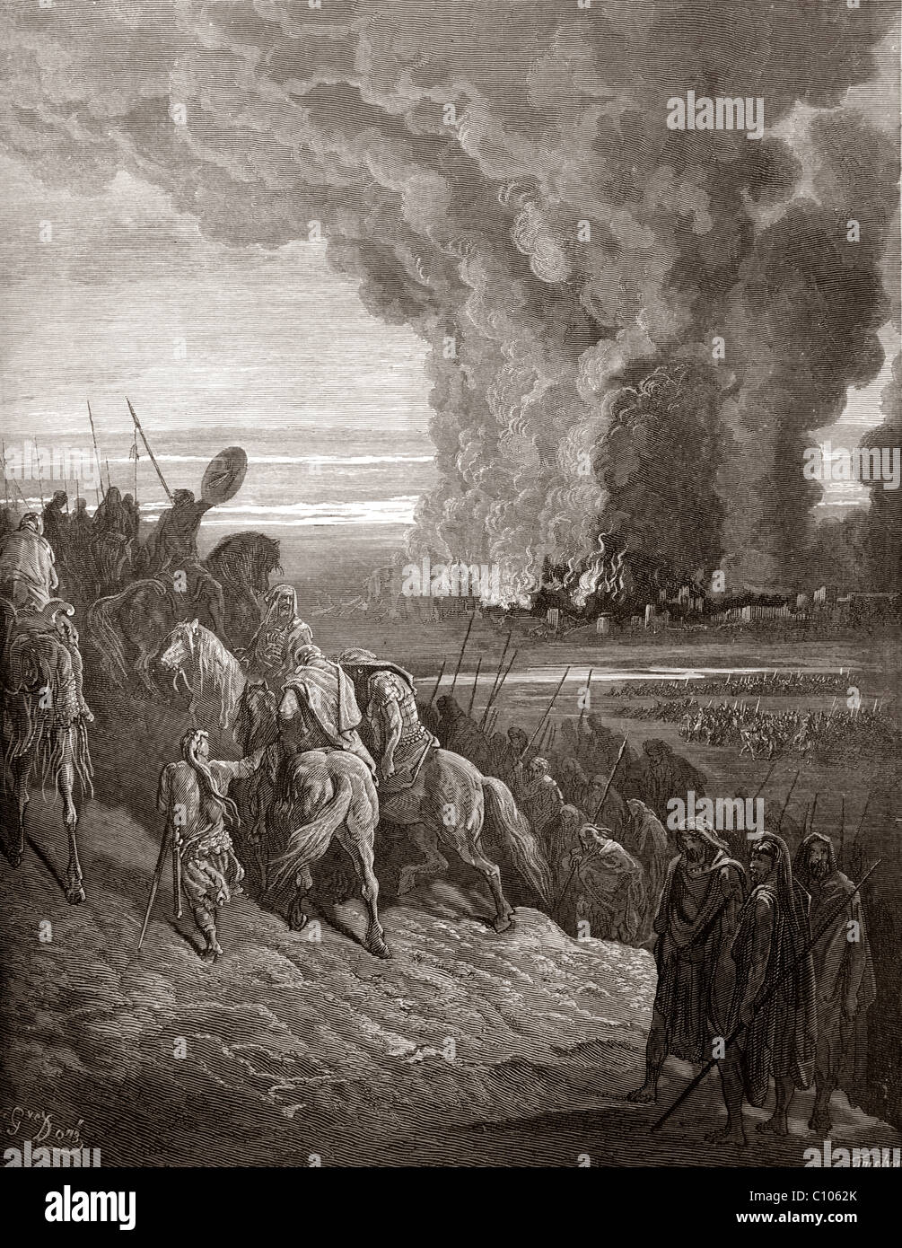Bible Illustration Of Joshua Committing The town Of Ai To The Flames By Gustave Dore joshua 8:20 from Old Testament and Nevi'im Stock Photo