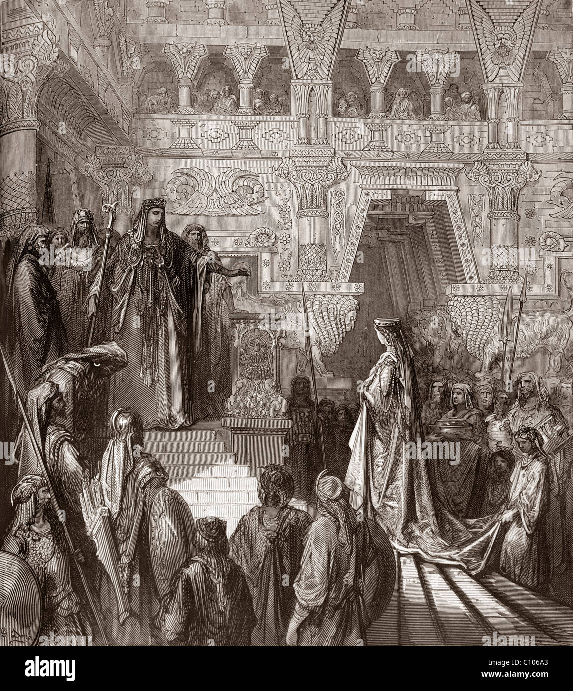 Bible Illustration Of Solomon receiving the Queen of Sheba By Gustave Dore Old Testament and Nevi'im Stock Photo