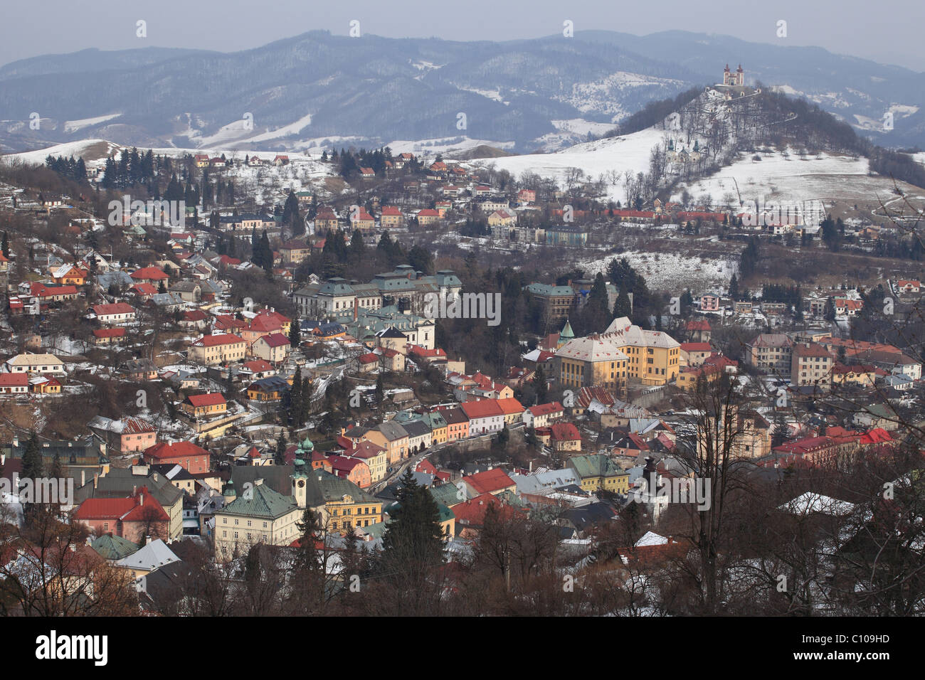 The view of Banska Stiavnica, the old medieval mining town registered on the UNESCO World Heritage list. Stock Photo