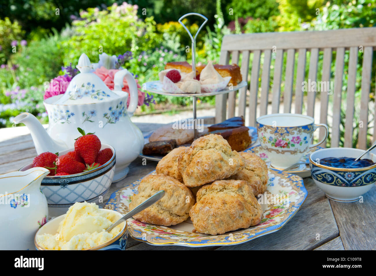Traditional cream tea with vintage china, Strawberries,scones and cream