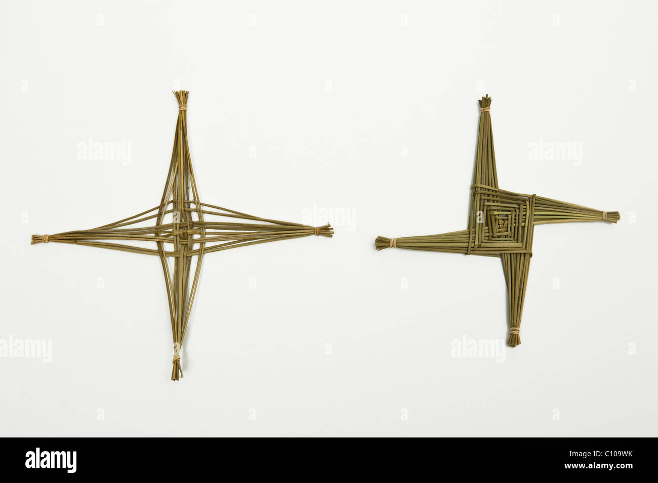 Versions of St Brigid's cross made of woven rushes, traditionally hung ...