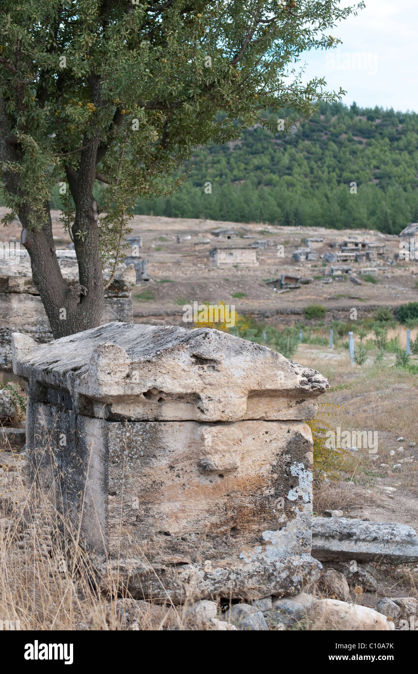 The large necropolis near Hierapolis is filled with sarcophagi Stock Photo