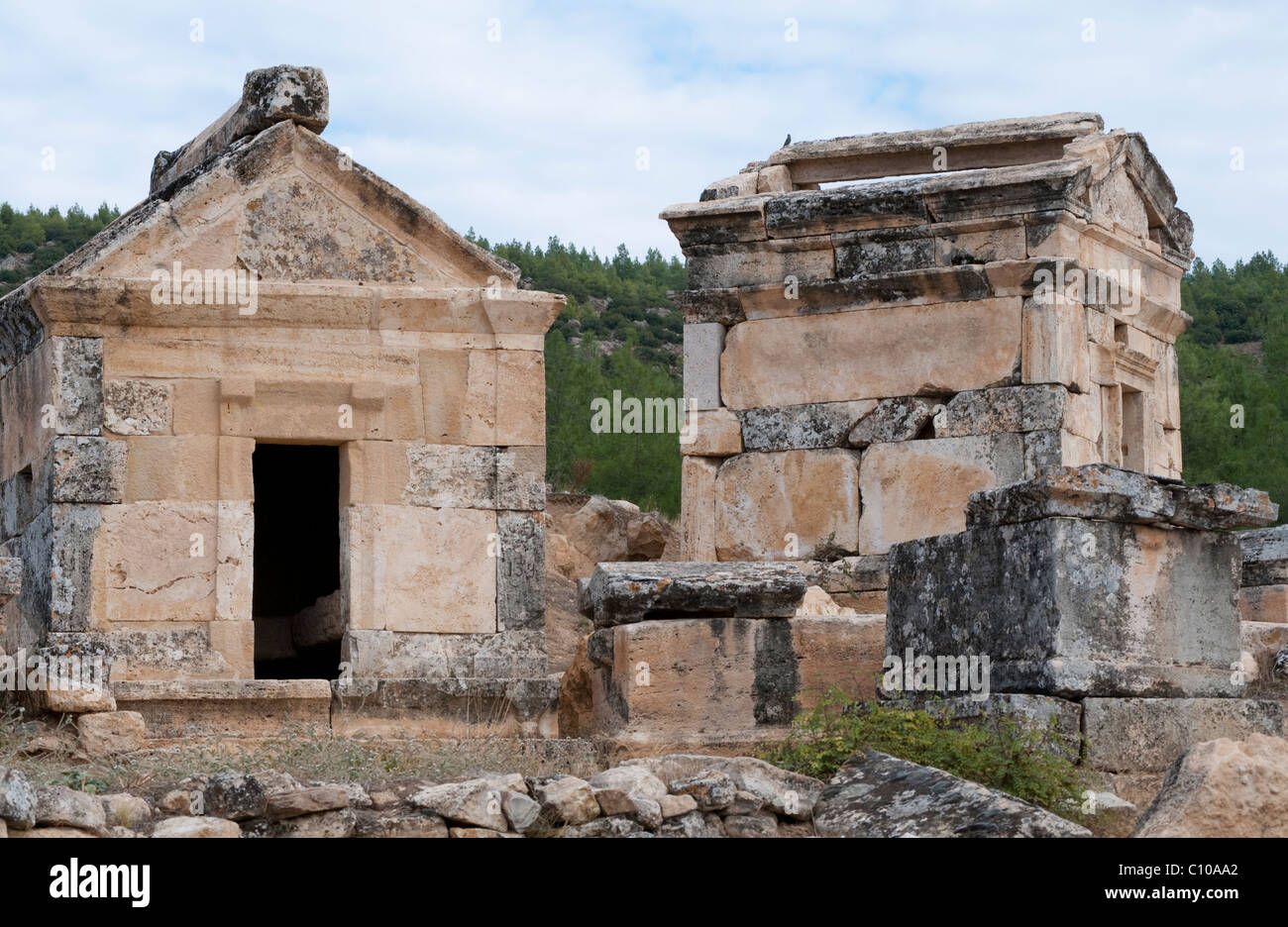 Ancient tombs at the ruins of the Necropolis in Hierapolis, Turkey Stock Photo