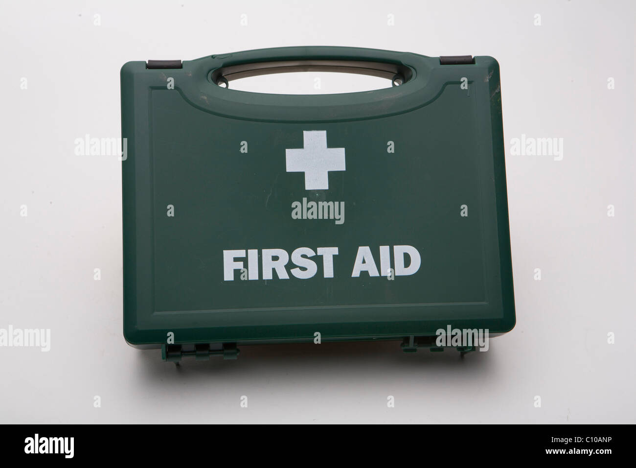 A photograph of a green first aid box. Stock Photo