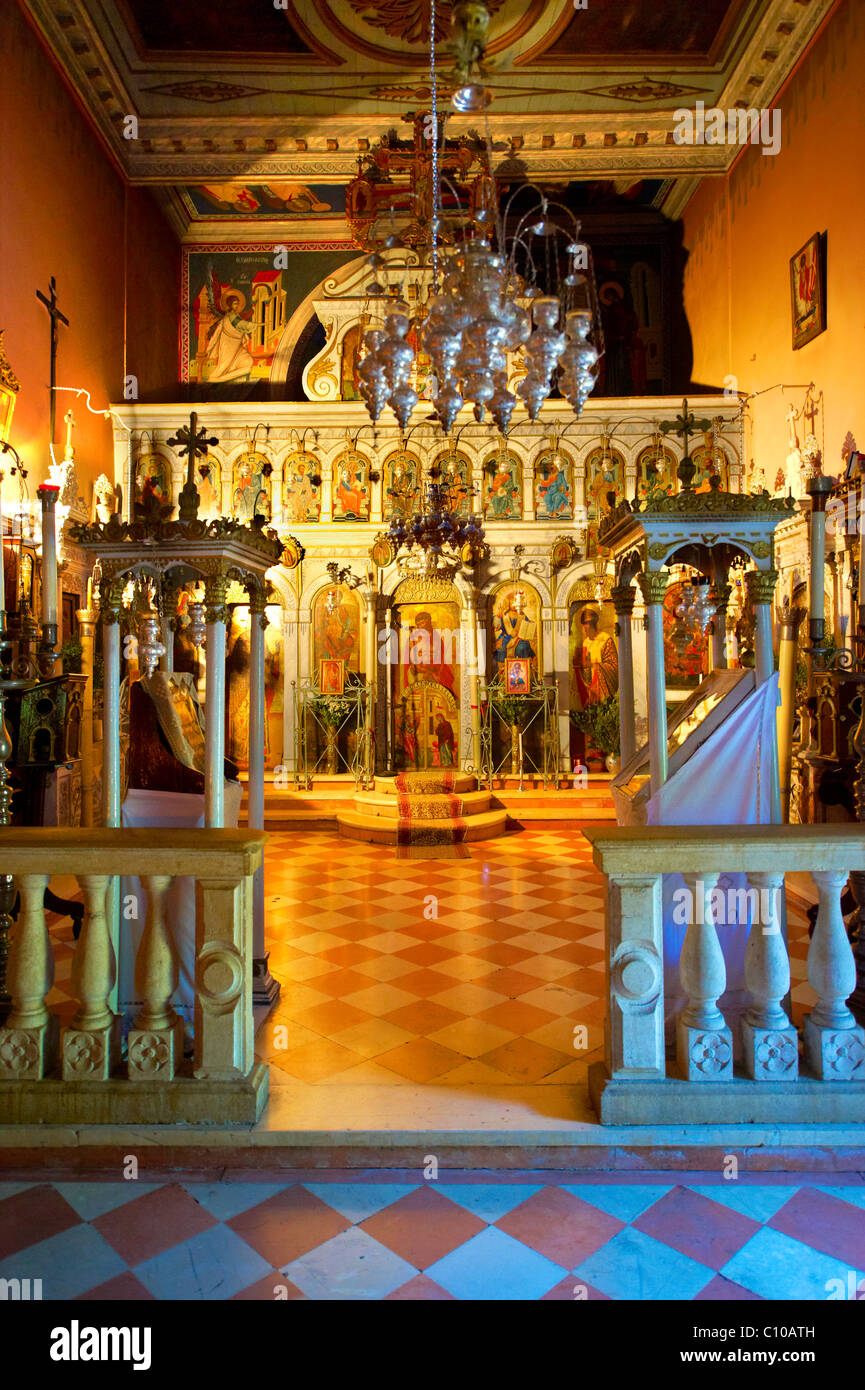 Interior of the Theotokos, Monastery, Paleokastitsa, 18th century Greek Orthodox. Corfu Ionian Island, Greece Stock Photo
