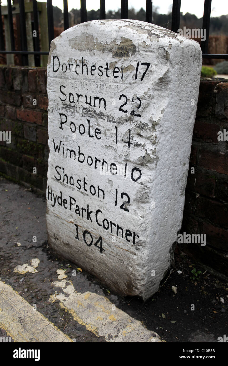 Roadside mile stone in the road in Somerset, UK. Stock Photo