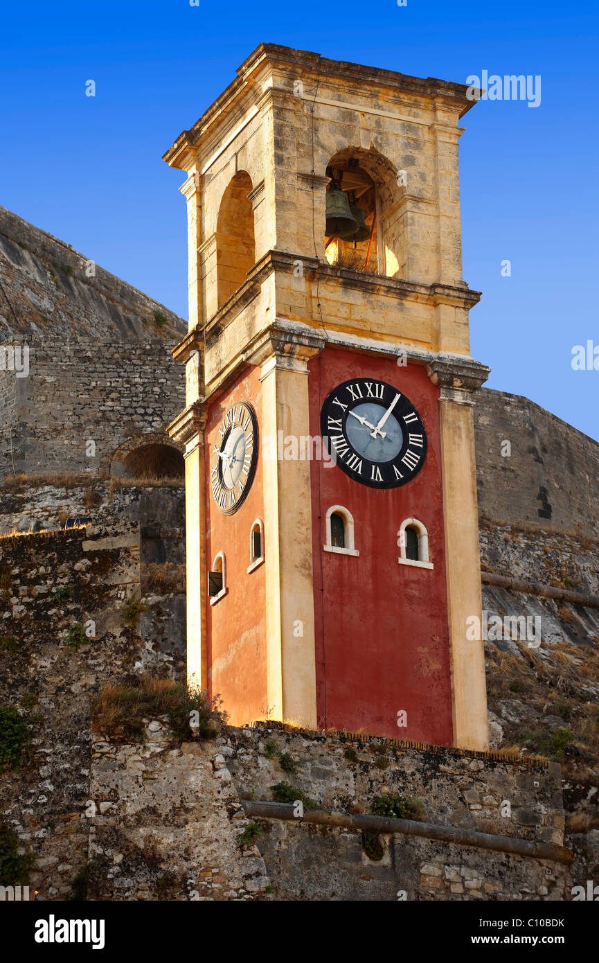 Clock tower of The old citadel [ Παλαιό Φρούριο ] Corfu City, Greek Ionian Islands Stock Photo
