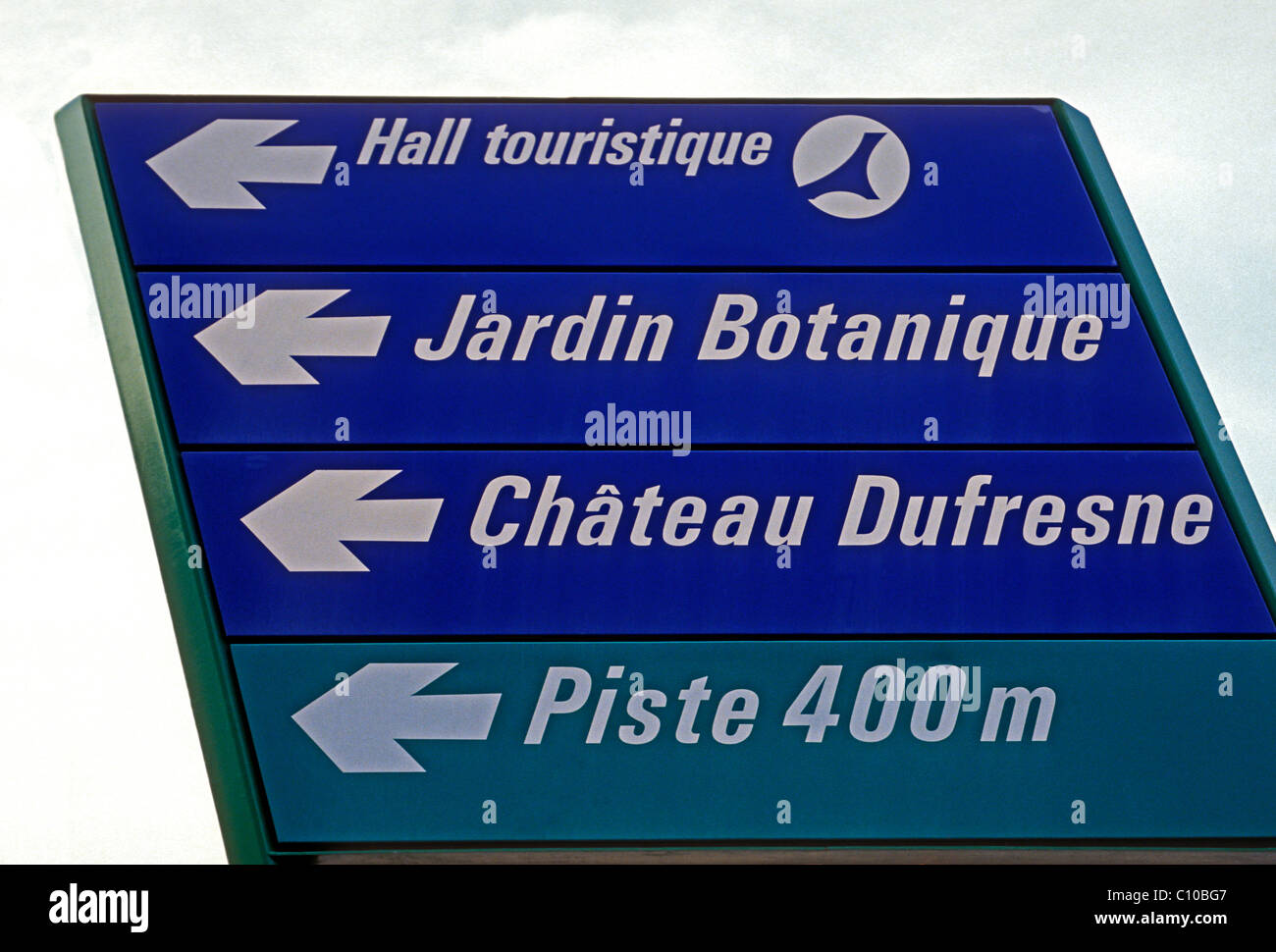 directional sign, sign, Olympic Park, Parc Olympique, city of Montreal, Montreal,  Quebec Province, Canada, North America Stock Photo