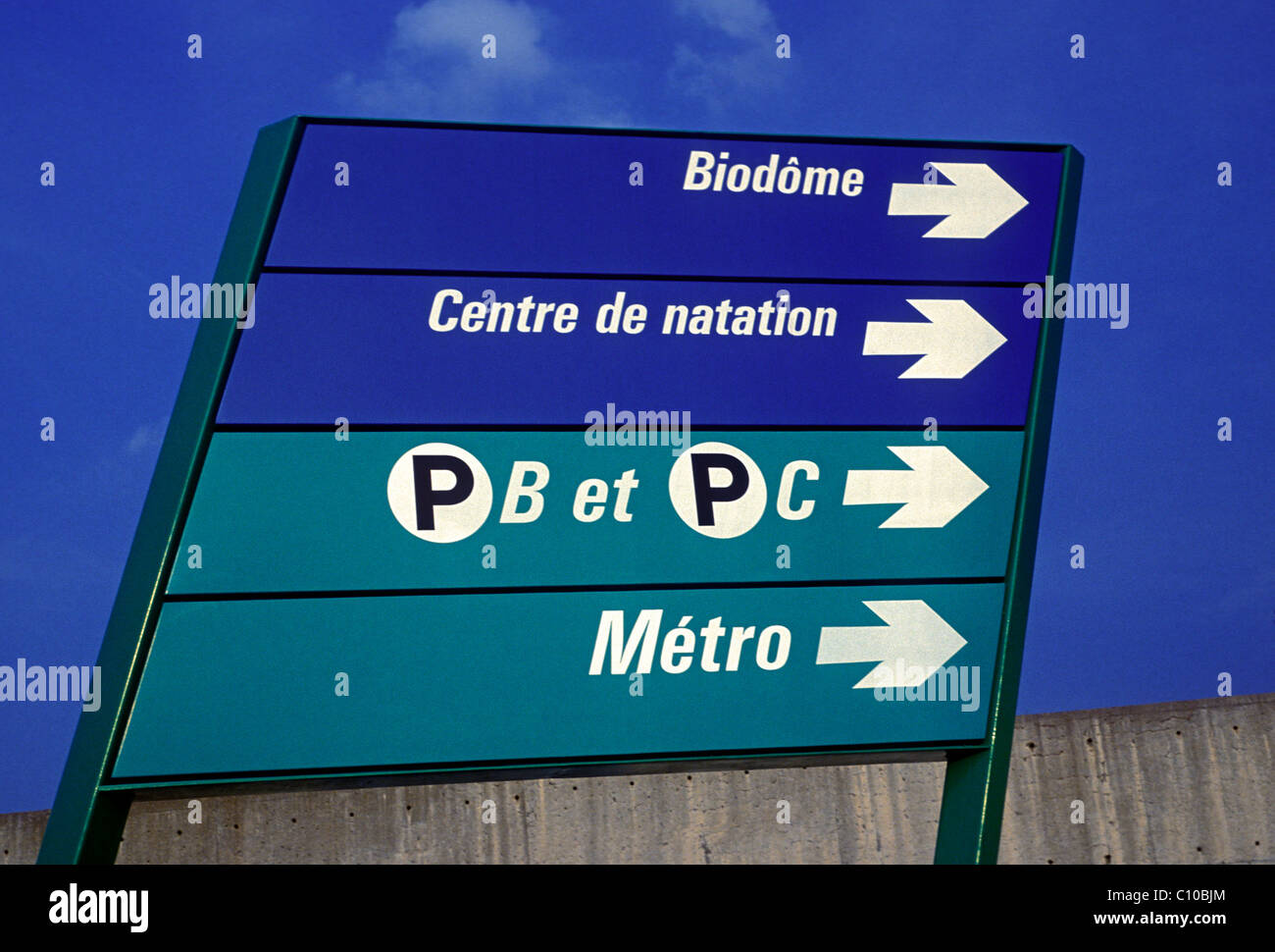 directional sign, metro, Olympic Park, Parc Olympique, city of Montreal, Montreal, Quebec Province, Canada, North America Stock Photo