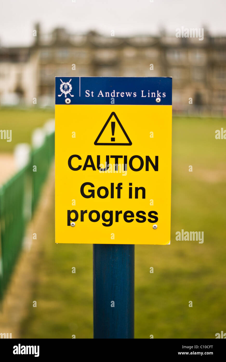A warning sign adjacent to the first tee at the Old Course St Andrews Stock Photo
