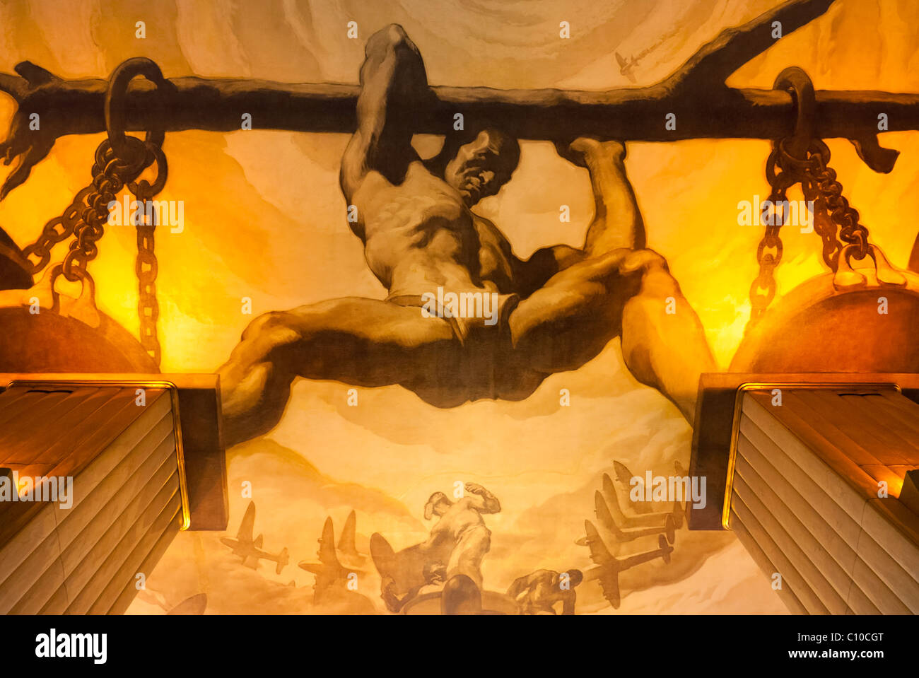 FEB 27 2011 - NYC: 30 Rockefeller Center Lobby ceiling Mural of powerful man by Spanish muralist Jose Maria Sert, Man's Conquest Stock Photo