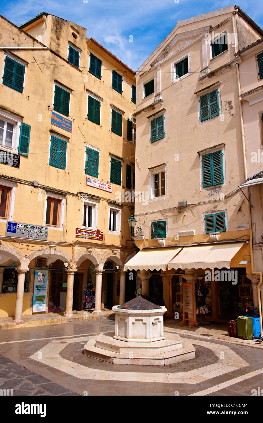 Square with Venetian Well, Corfu Old Town, Greek Ionian Islands Stock Photo