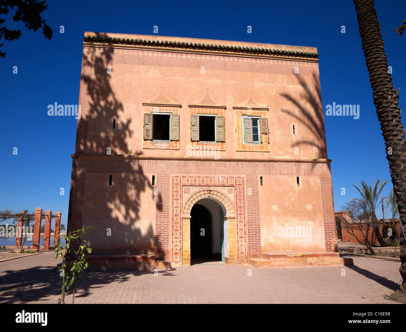 Facade of the 19th century pavilion at the Menara Gardens Marrakech Morocco Stock Photo