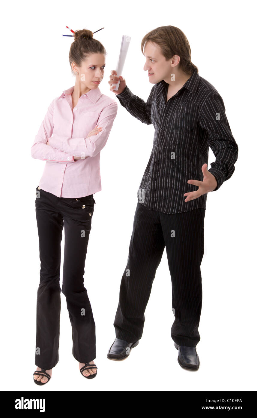 Angry boss and secretary argument isolated on white Stock Photo - Alamy
