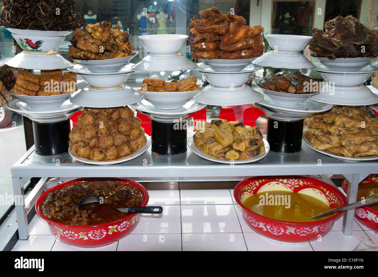 Traditional Sumatran food displayed in a restaurant in Bali Stock Photo