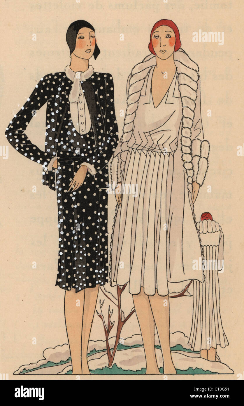 Woman in afternoon ensemble in polka-dot black panne and black cloche hat, and woman in afternoon dress in white crepe satin. Stock Photo