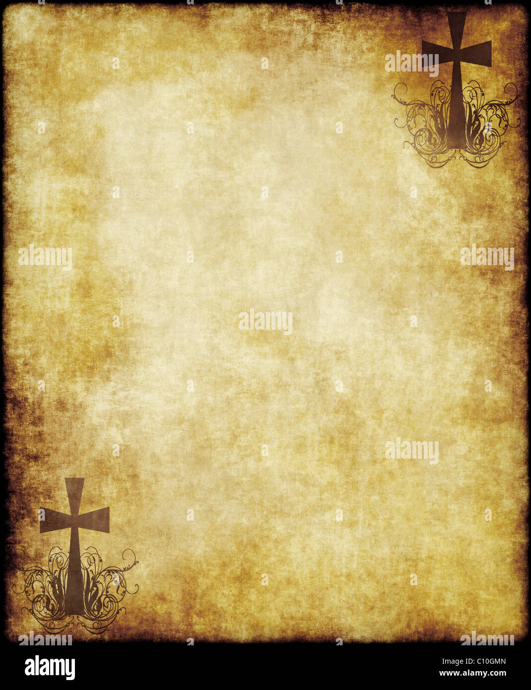 christian cross on old paper or parchment background texture Stock