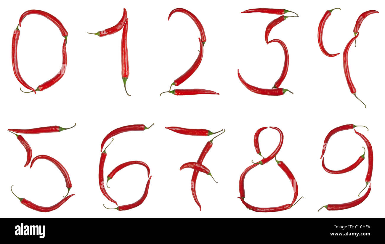 Number 0, 1, 2, 3, 4, 5, 6, 7, 8, 9 made from chili, with clipping path Stock Photo
