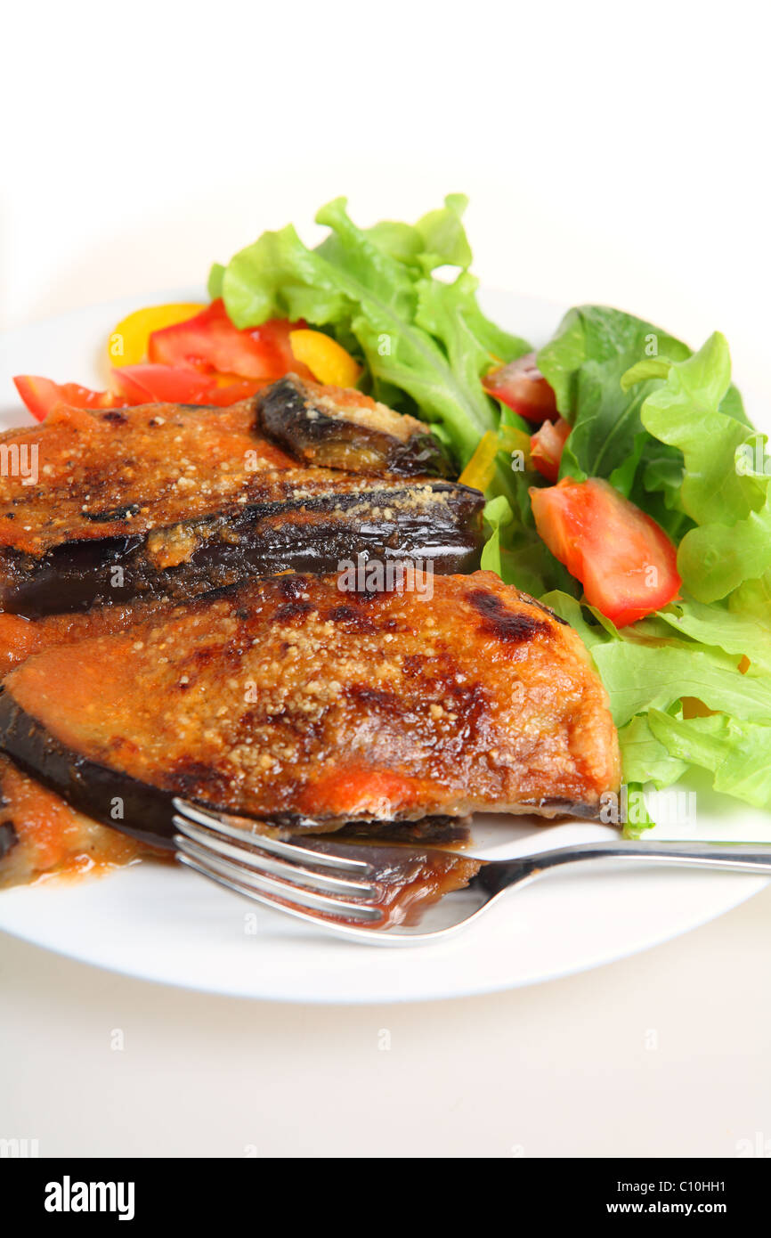 A meal of eggplant parmigiana (eggplant baked with passata and parmisan