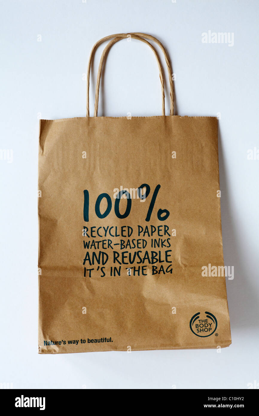 The Body Shop paper bag 100% recycled paper water-based inks and reusable  It's in the bag isolated on white background - brown paper bag Stock Photo  - Alamy