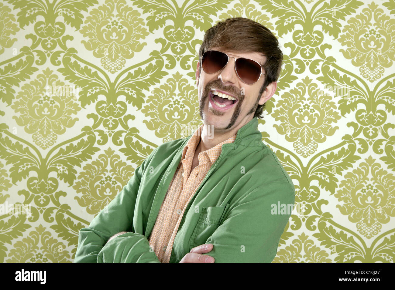 geek retro salesperson man funny mustache sunglasses in green wallpaper