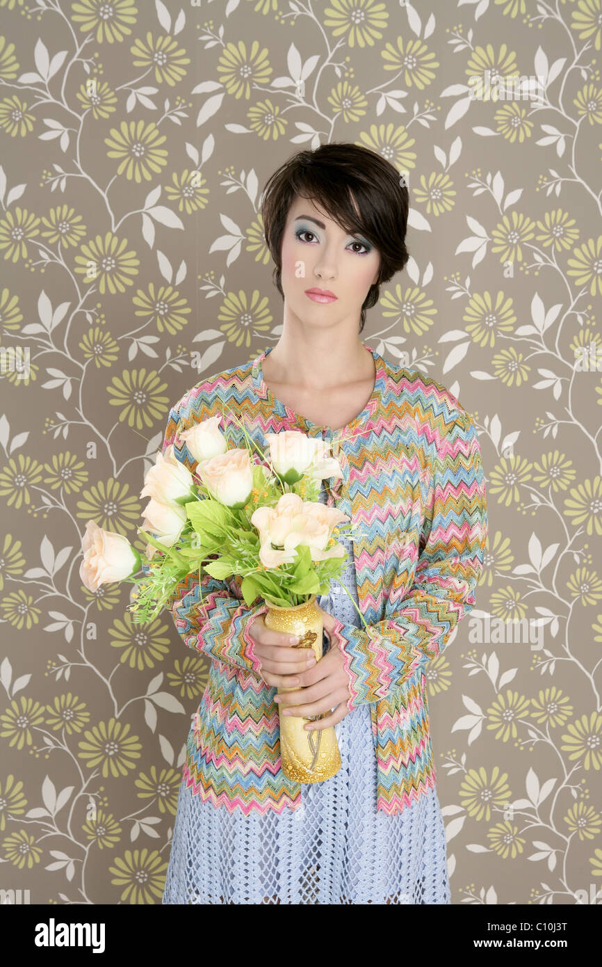 retro woman portrait 60s fashion vintage flowers wallpaper Stock Photo