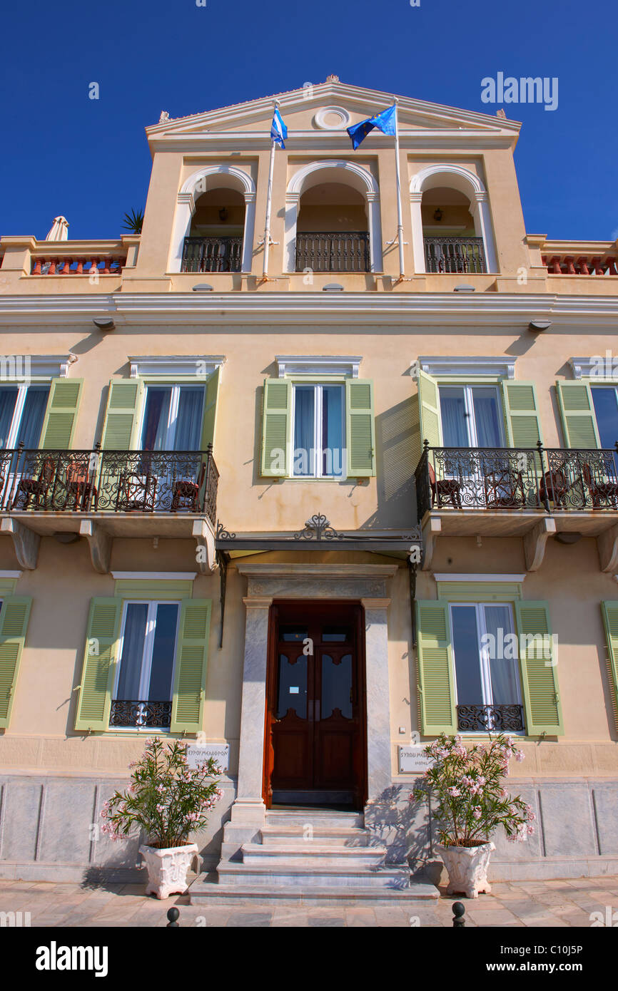The Neo Classic buildings of Hotel Syrou Melathron, Ermoupolis, Syros, Greek Cyclades Islands Stock Photo