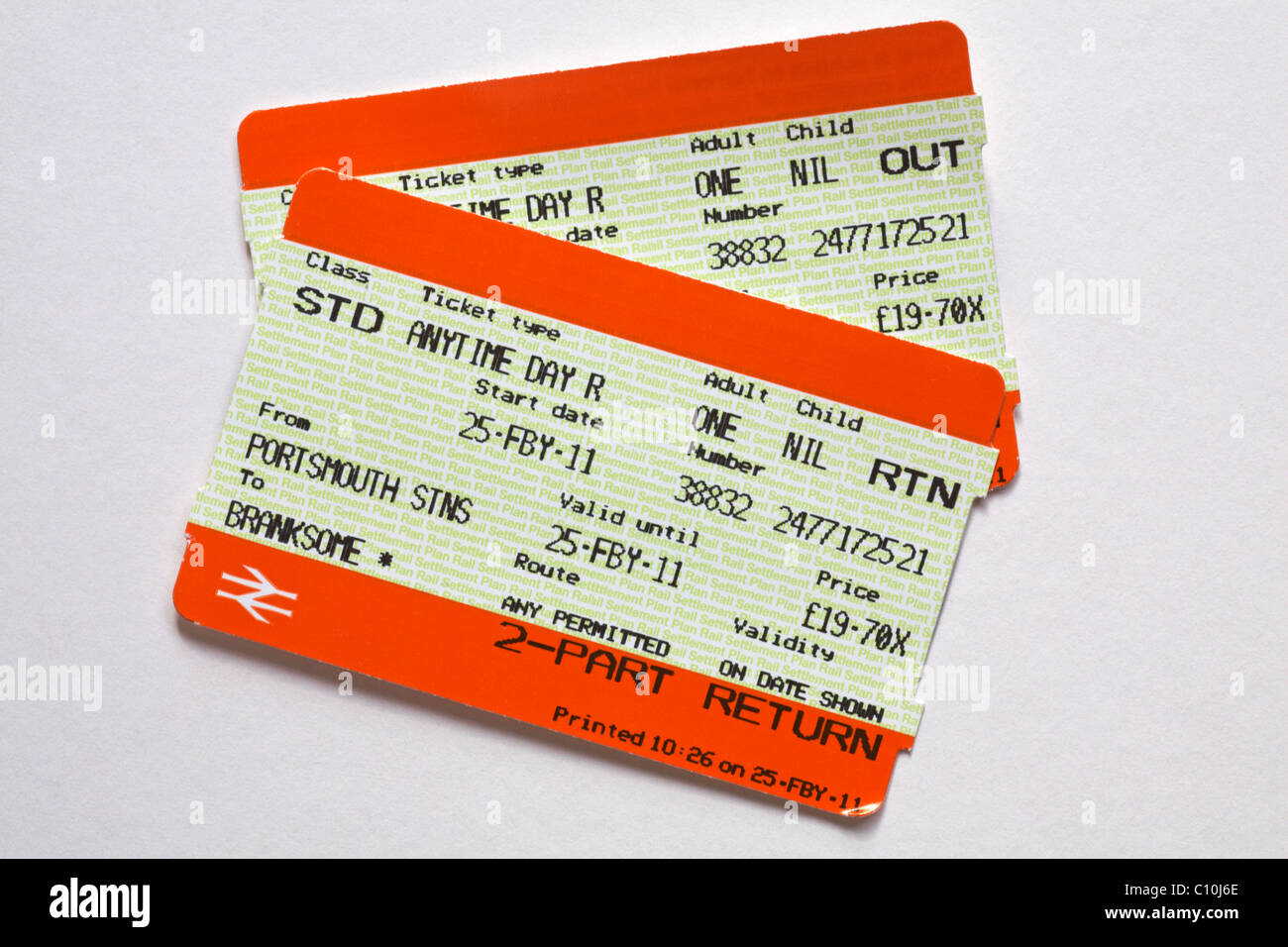 2-part return tickets between Branksome and Portsmouth stations on South West railways isolated on white background Stock Photo