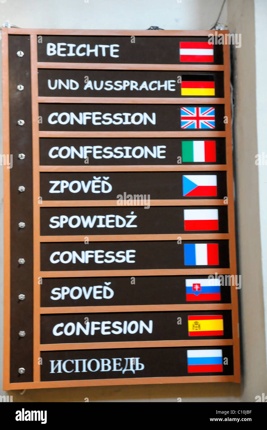 Sign, different languages, Kapuziner-Kirche church, Vienna, Austria, Europe Stock Photo