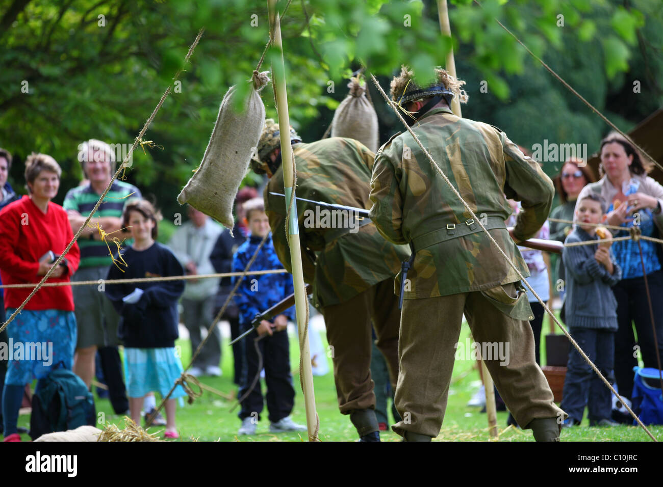 Reconstruction WW2 British Army soldiers conducting bayonet practice Stock Photo