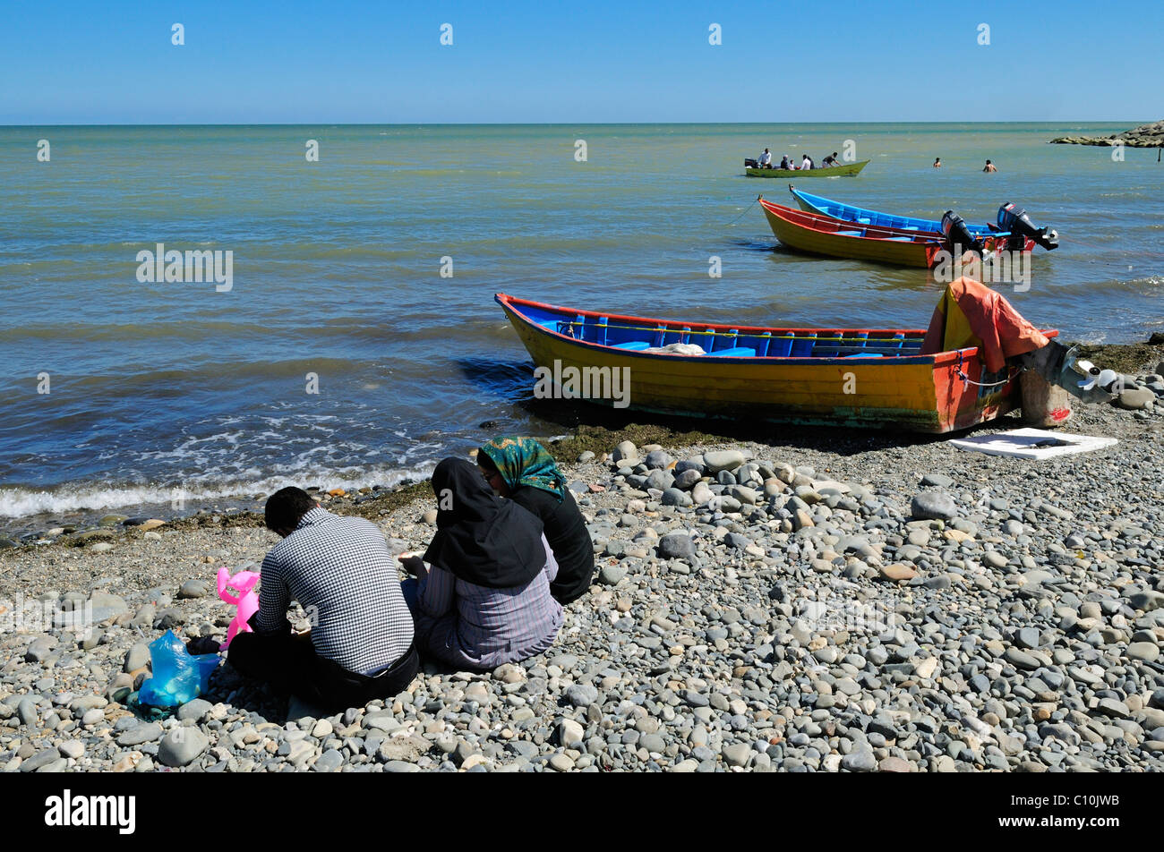 Iranian people on the beach of Ramsar, Caspian Sea, Mazandaran, Iran, Asia Stock Photo