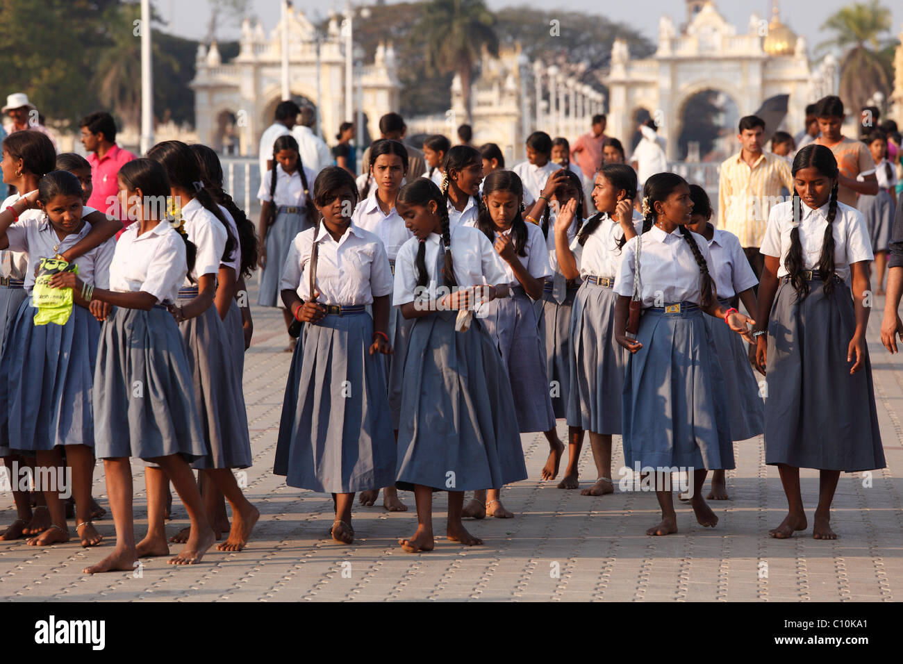 Schoolgirls in school uniforms at the Maharaja's Palace, Mysore Palace, Amba Vilas, Karnataka, South India, India, South Asia Stock Photo