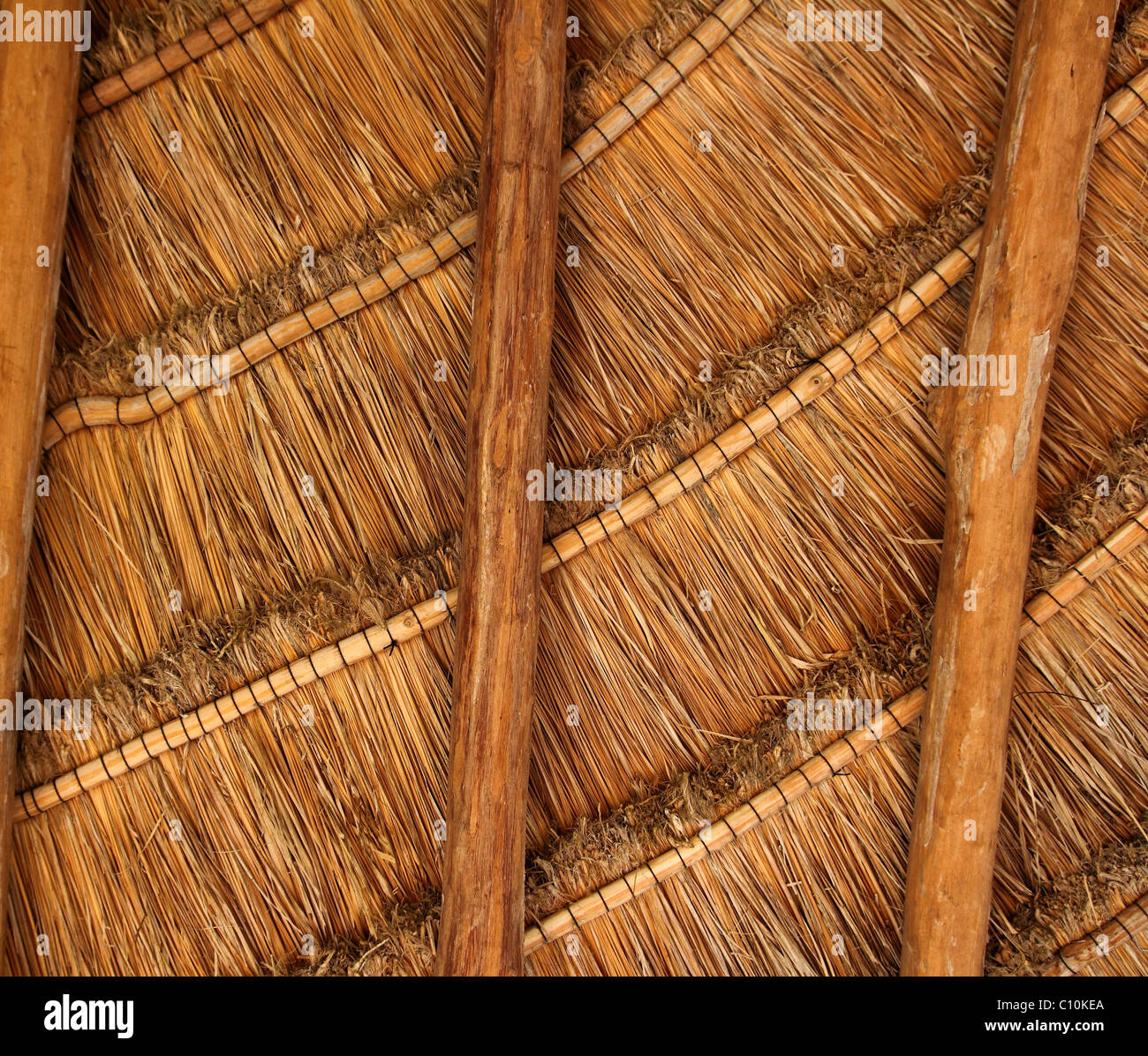 palapa tropical Mexico wood cabin roof detail indoor Stock Photo