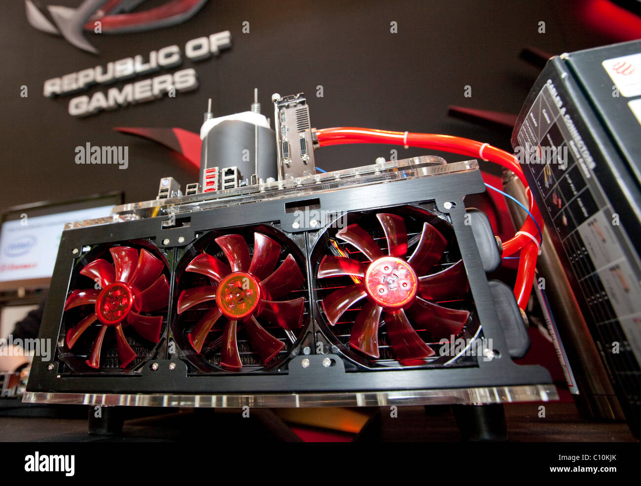 Motherboard and fan of a high-performance PC for computer gamers, Internationale Computermesse CEBIT international computer fair Stock Photo