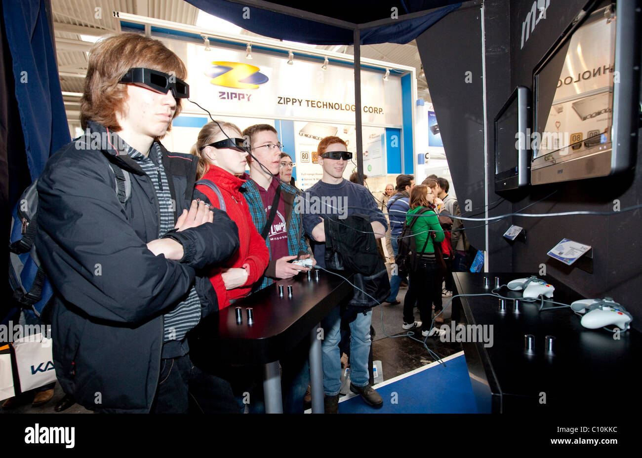 Visitors watching a movie with 3D technology, Internationale Computermesse CEBIT international computer fair, Hannover Stock Photo