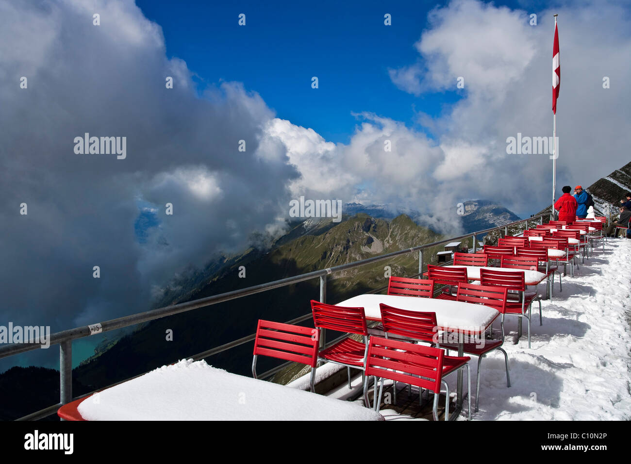 Terrace of the Rothorn Kulm mountain hotel on Mt. Brienzer Rothorn, Bernese Oberland, Switzerland, Europe Stock Photo