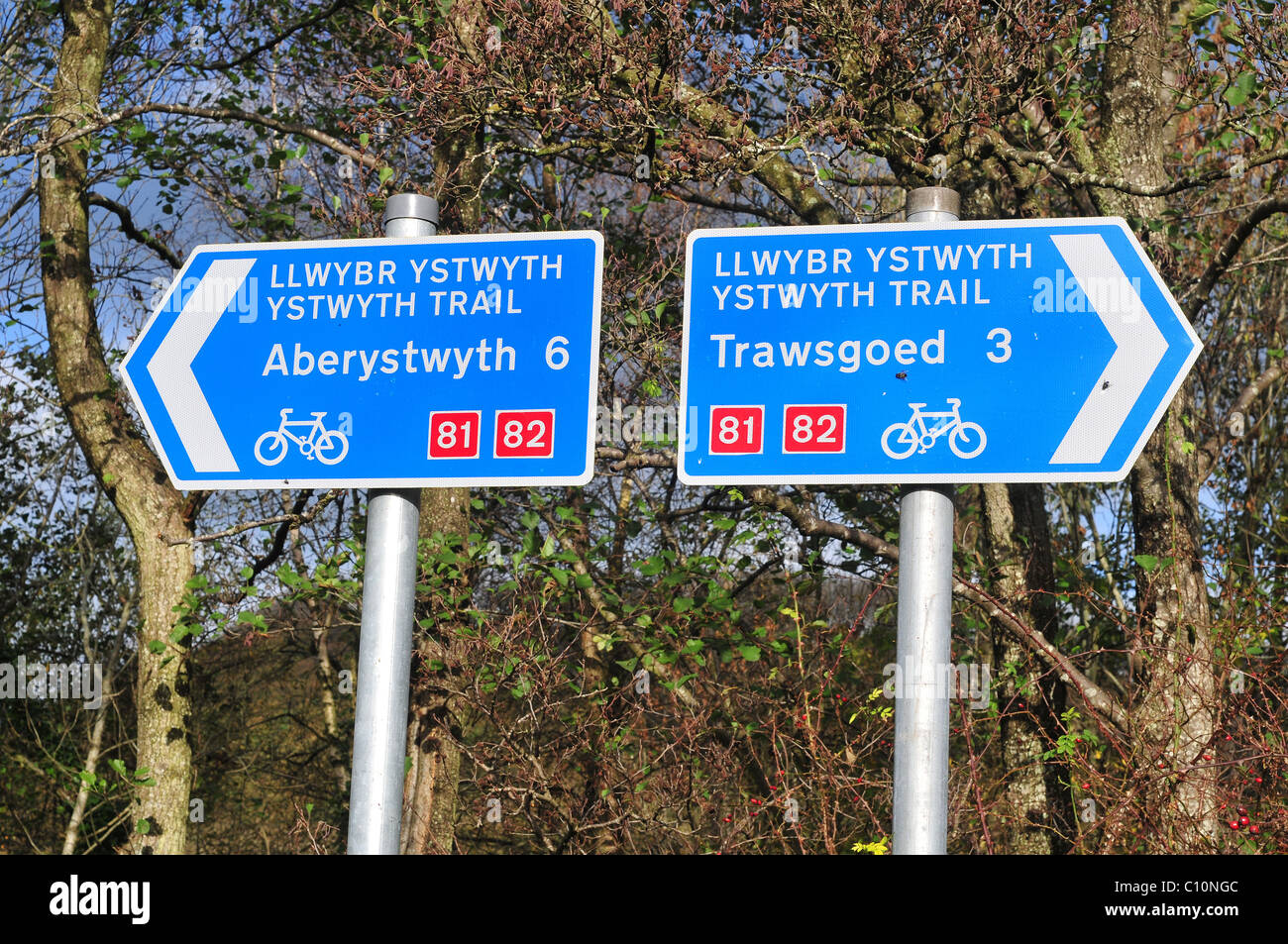 Markers on the Ystwyth Trail cycle route at Llanilar, Ceredigion, Wales Stock Photo
