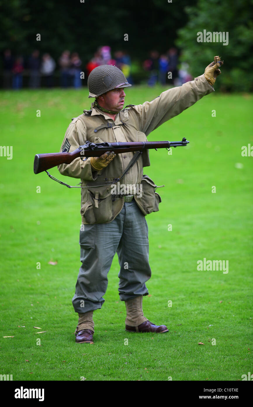 Reconstruction WW2 US Soldier with M1 Garand semi-automatic rifle Stock Photo