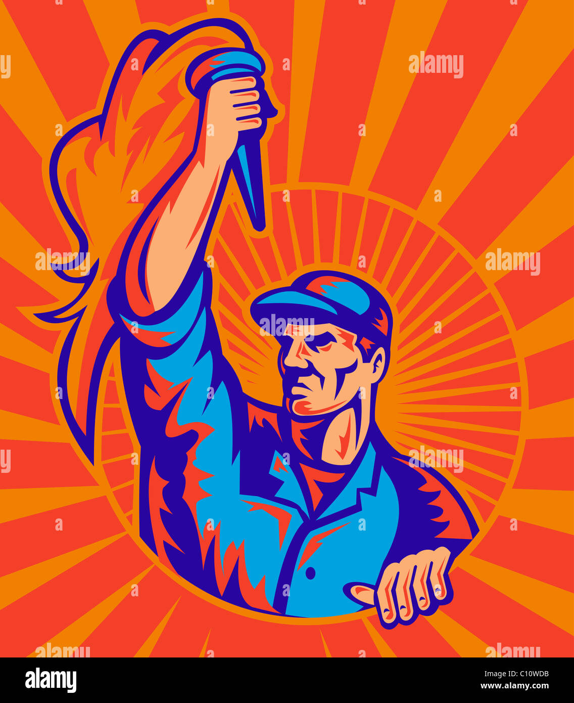 illustration of a male worker carrying flaming torch with sunburst in background done in retro style Stock Photo