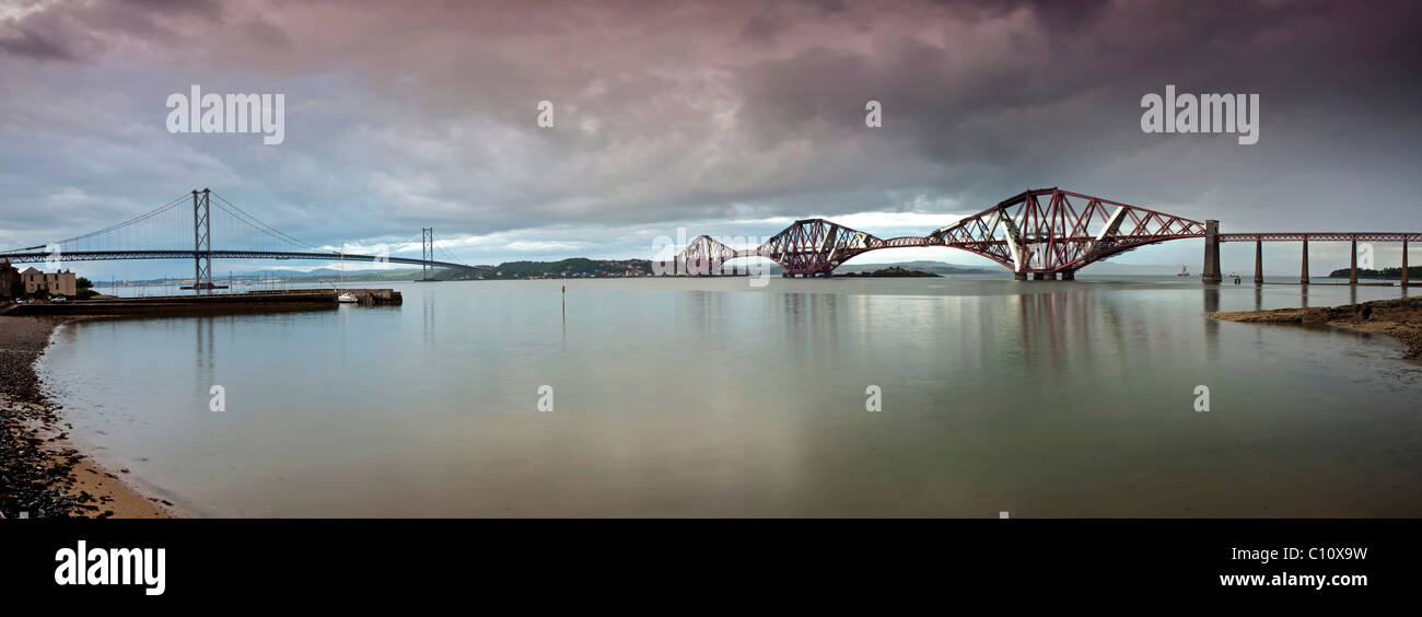 Forth Road Bridge, left, and Forth Railway Bridge, right, Queensferry, Scotland, United Kingdom, Europe Stock Photo