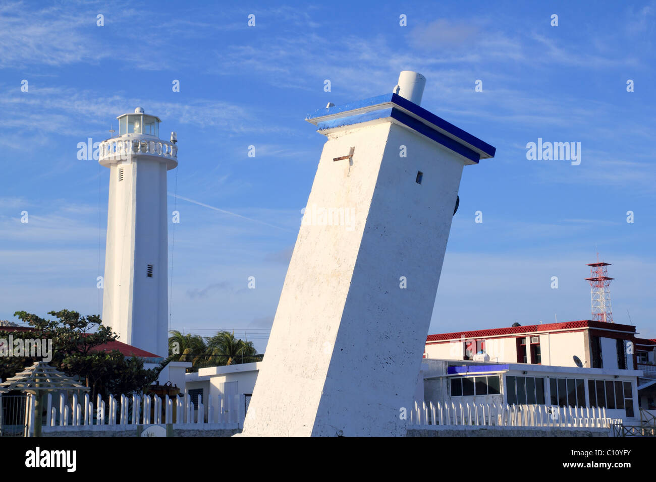 Puerto Morelos new and old inclined lighthouses Mayan Riviera Mexico Stock Photo