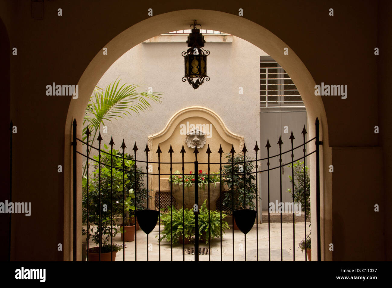 Courtyard with gate, plants and fountain Stock Photo Alamy