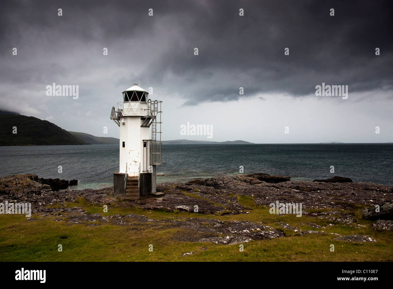 The Rhue lighthouse on the Scottish west coast of the Atlantic, Ross and Cromarty, Scotland, United Kingdom, Europe Stock Photo
