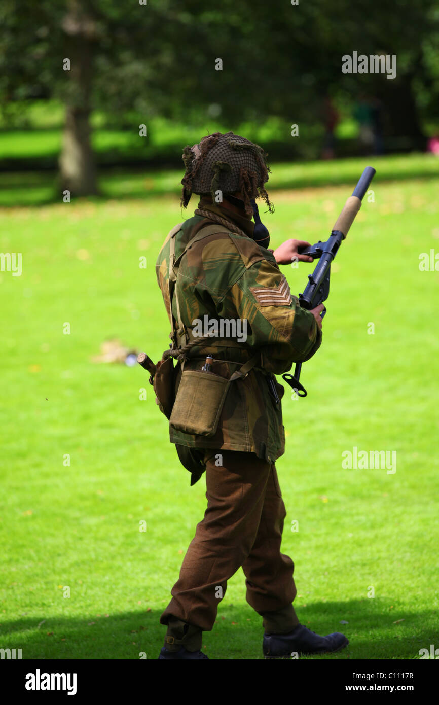 Reconstruction WW2 British soldier with silenced Sten gun Stock Photo -  Alamy