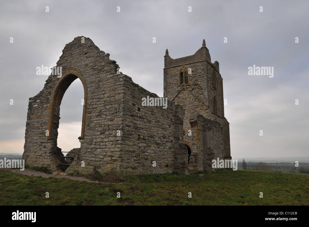 The ruins of St Michael's church on Burrow Mump situated at Taunton Deane, Somerset Stock Photo