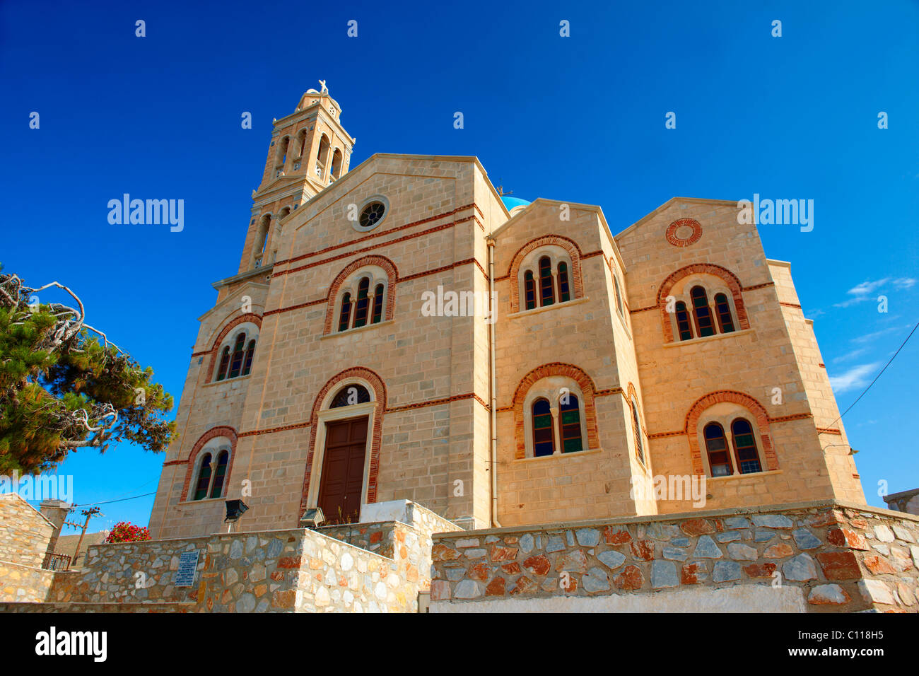 Greek Orthodox church on the top of Vrodado hill Ermoupolis Syros Island, Greek Cycaldes Islands Stock Photo