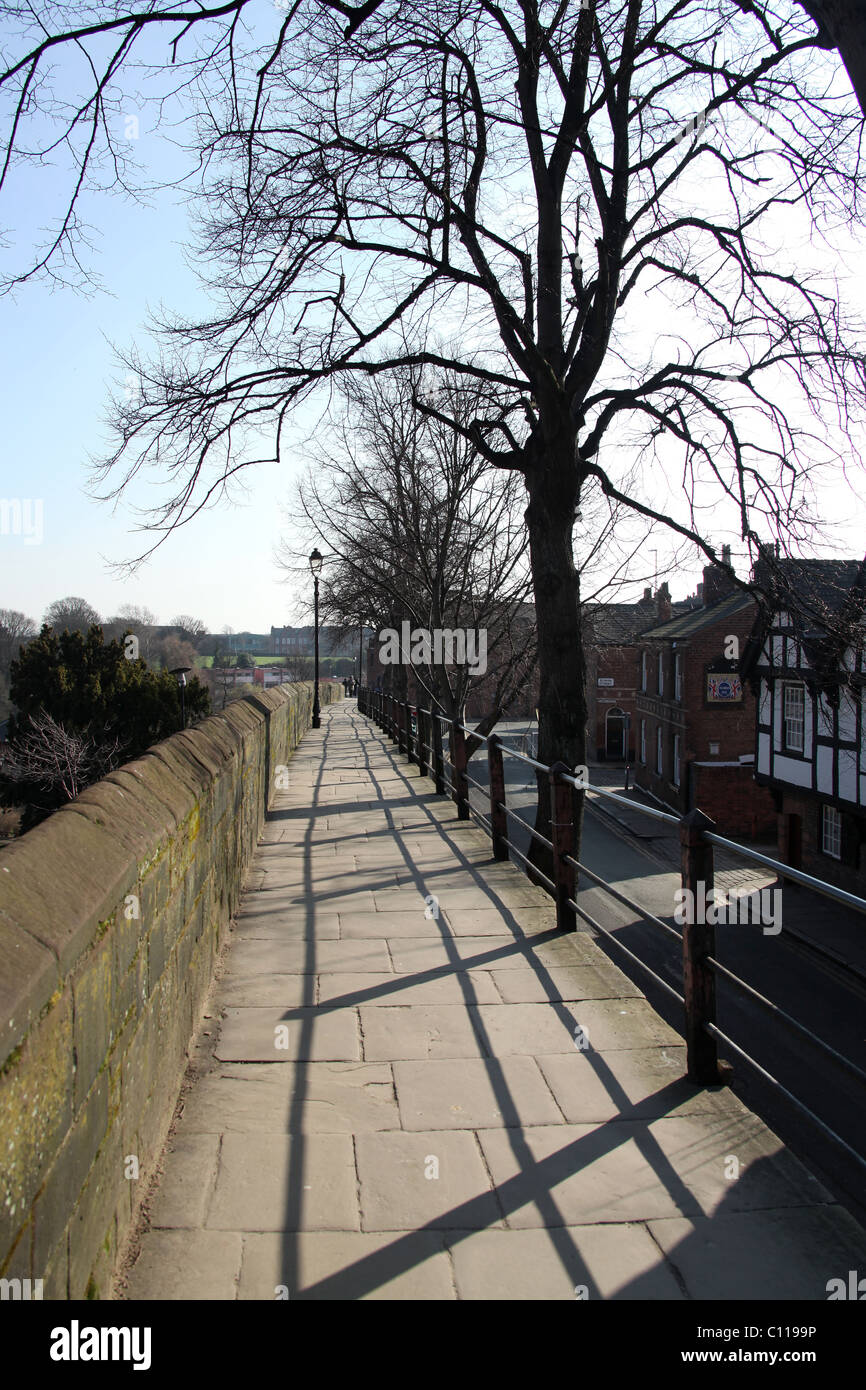 City of Chester, England. Picturesque silhouetted view of the City Wall footpath near the Roman Garden. Stock Photo