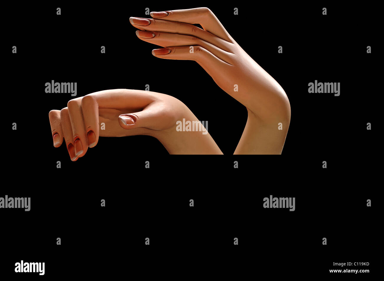 Maniristic decoration hands for jewelry on black, Jewelry & Accessories Sylvia Buechele, Nuremberg, Middle Franconia, Bavaria Stock Photo