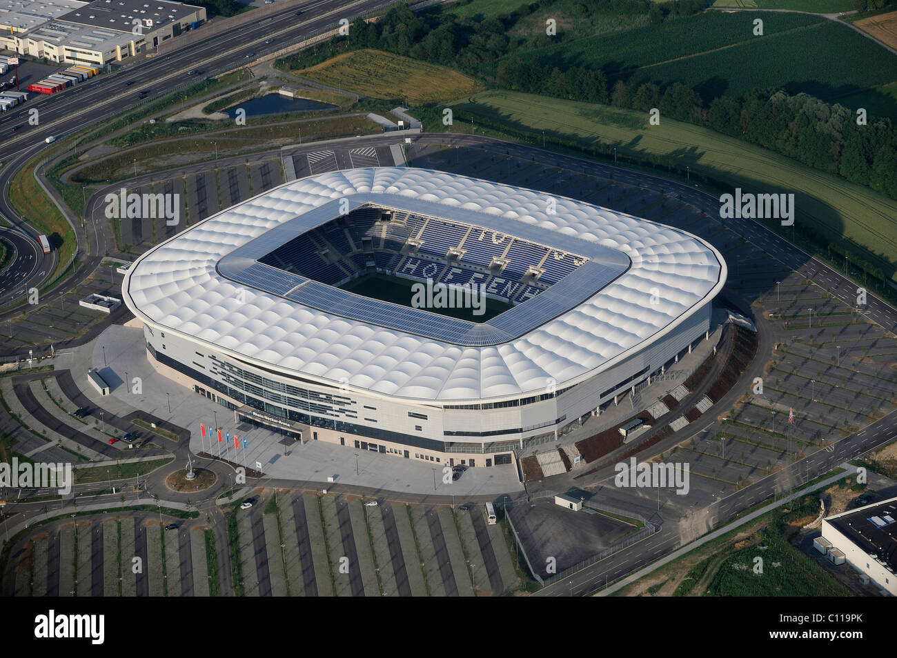 Aerial view of Stadion Hoffenheim stadium, Baden-Wuerttemberg, Germany, Europe Stock Photo